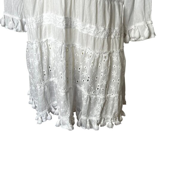 Me 2 Magic Mini Dress XL Cotton White Eyelet Lace Tassel Boho Prairie Beachy - Picture 3 of 12